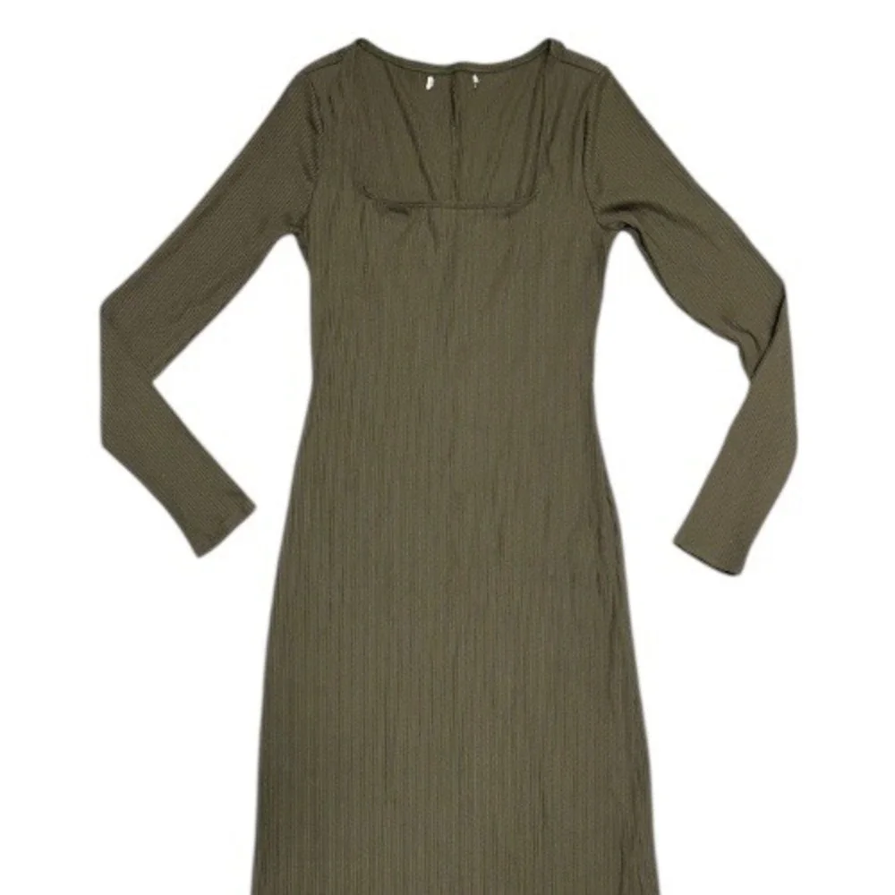 Abercrombie & Fitch Ribbed Square Neck Maxi Dress Olive Green Long Sleeve